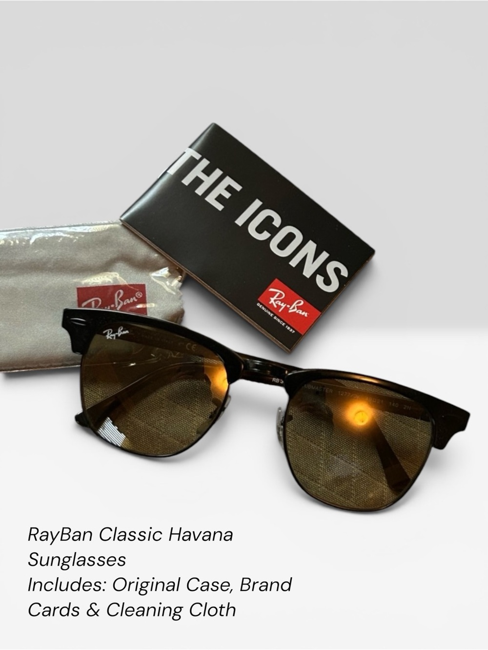 NWOT Ray-Ban Havana Clubmaster Sunglasses Black TortoiseShell Icon Shades & Case